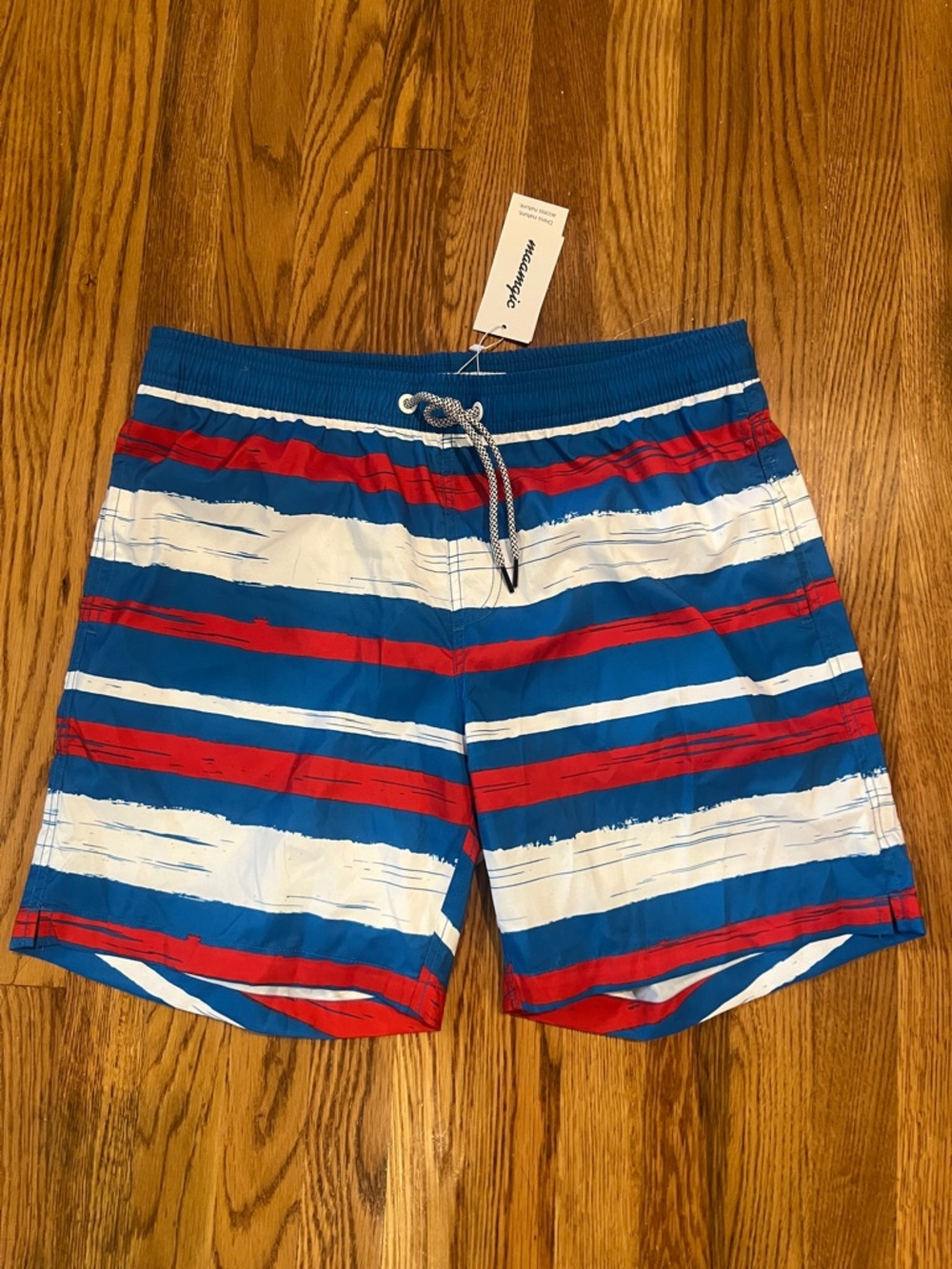 Maamgic Striped Blue White Red Men's Swim Trunks with Drawstring